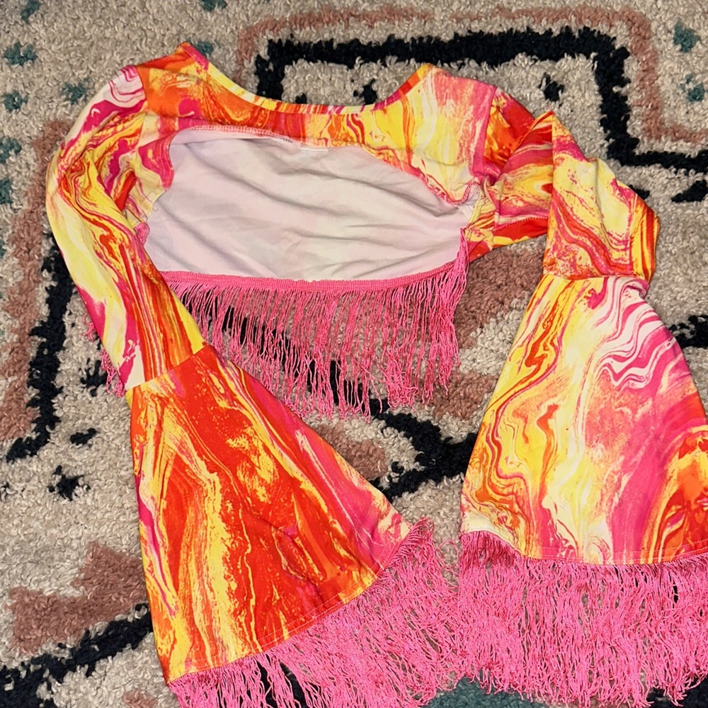 iHeartRaves Colorful Swirl Fringe Top